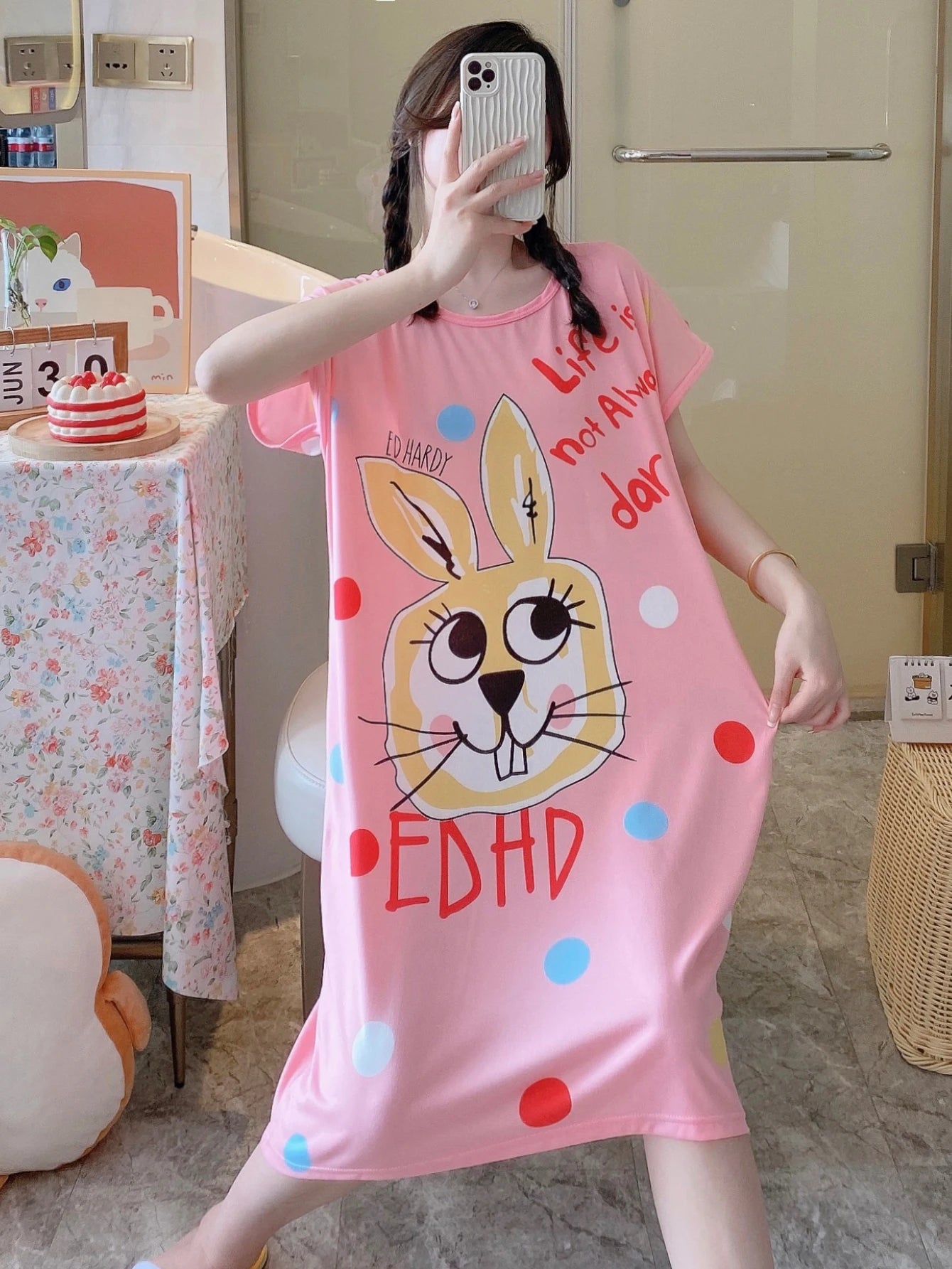 1PC, Summer And Autumn Cool Cute Girls Cartoon Nightdress, Comfortable Short-sleeved Dress, Women's Home Wear, Polyester Pajama