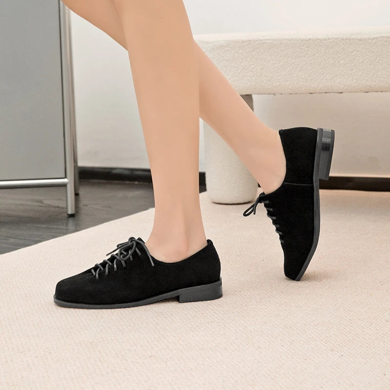 Women Loafer Lace-up 2025 New Spring Shoes Women Suede Genuine Leather Women Oxford Shoes Large Size British Style Women Shoes
