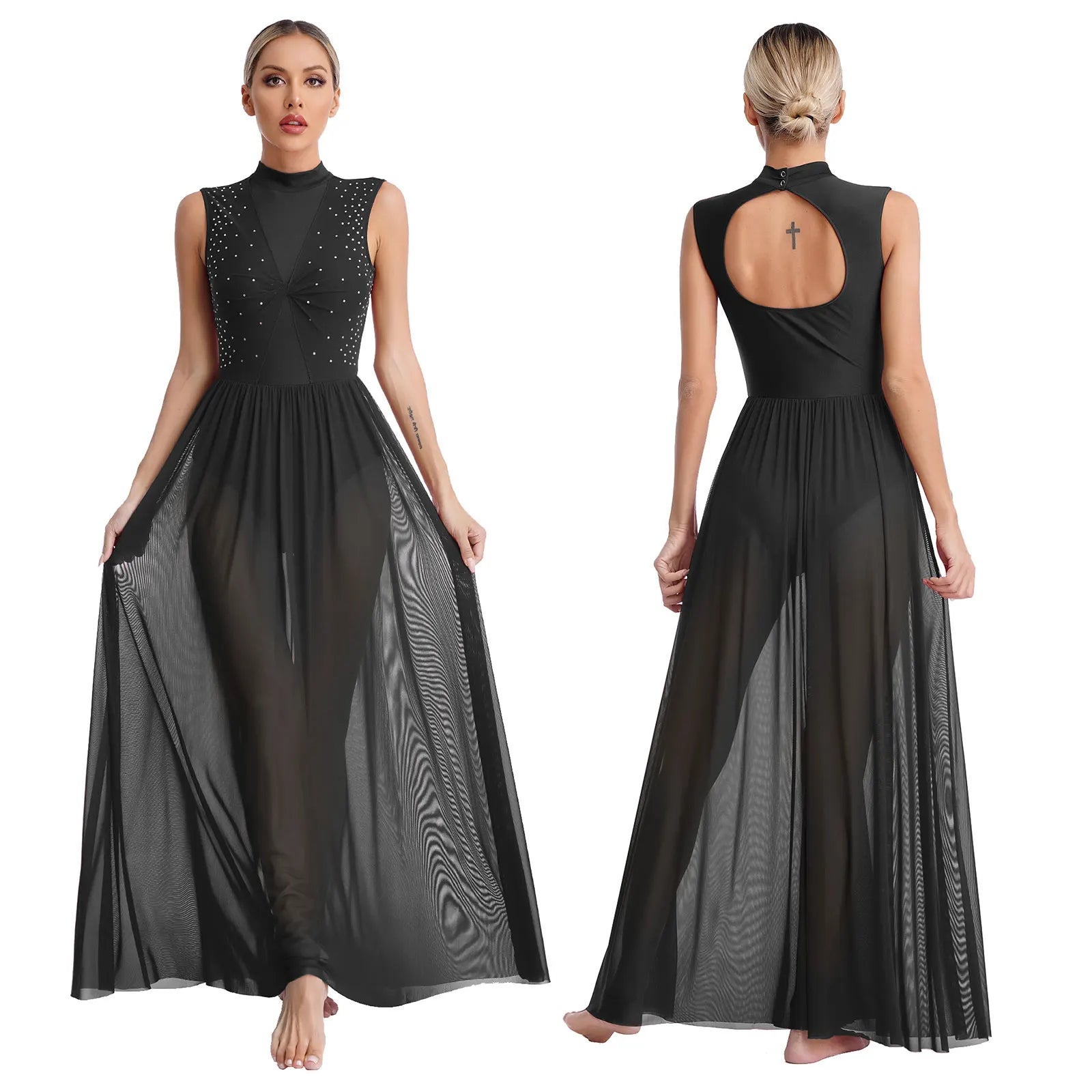 Womens Ballet Lyrical Dance Dress Cutout Back Full Length Overlay Leotard Costume Latin Rumba Tango Maxi Dress Long Dancewear