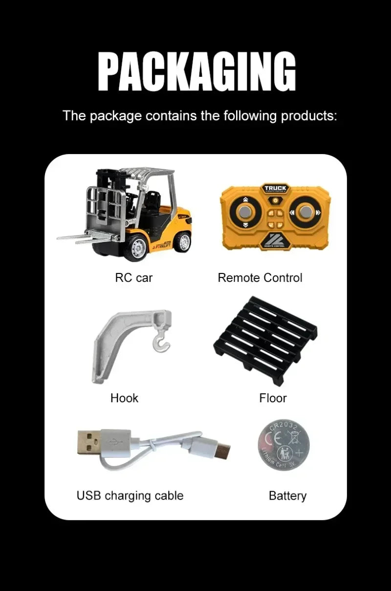 1:64 RC Mini Alloy Car Forklift with Trailer Excavator Desktop Game 2.4G Remote Control Engineering Lift Truck Child's Toy Gifts