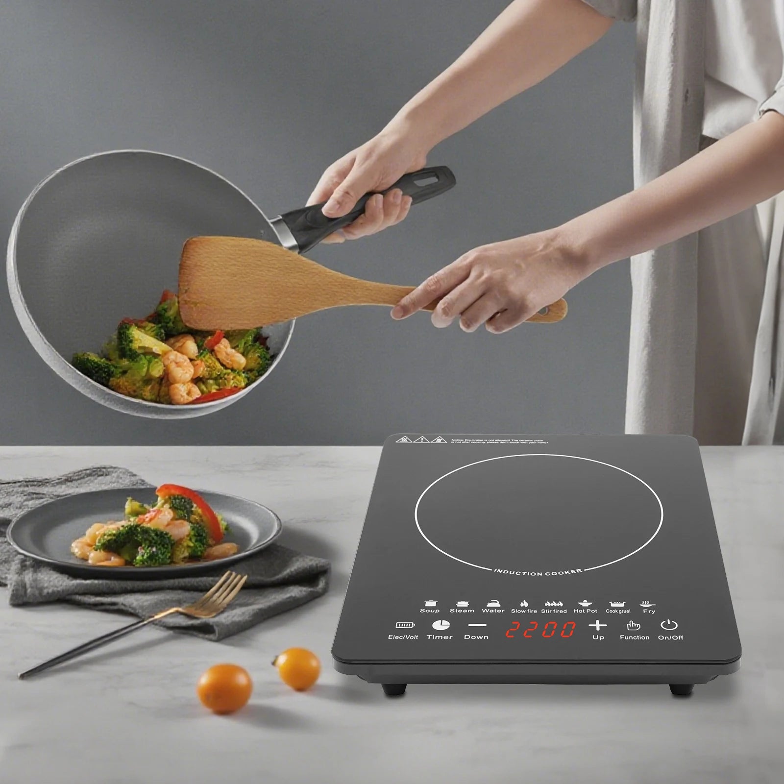 750W Electric Induction Cooker Glass PP Body 8 Presets Temp Adjustable for Dorm RV Home Restaurant & Hot Pot Use