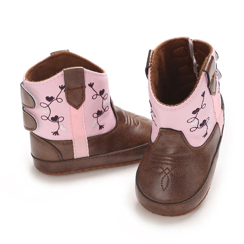 Western Cowboy Princess Baby Boots 0-18M Infant Pre-Walker Shoes Soft Sole Embroidered Footwear for Newborn Girls