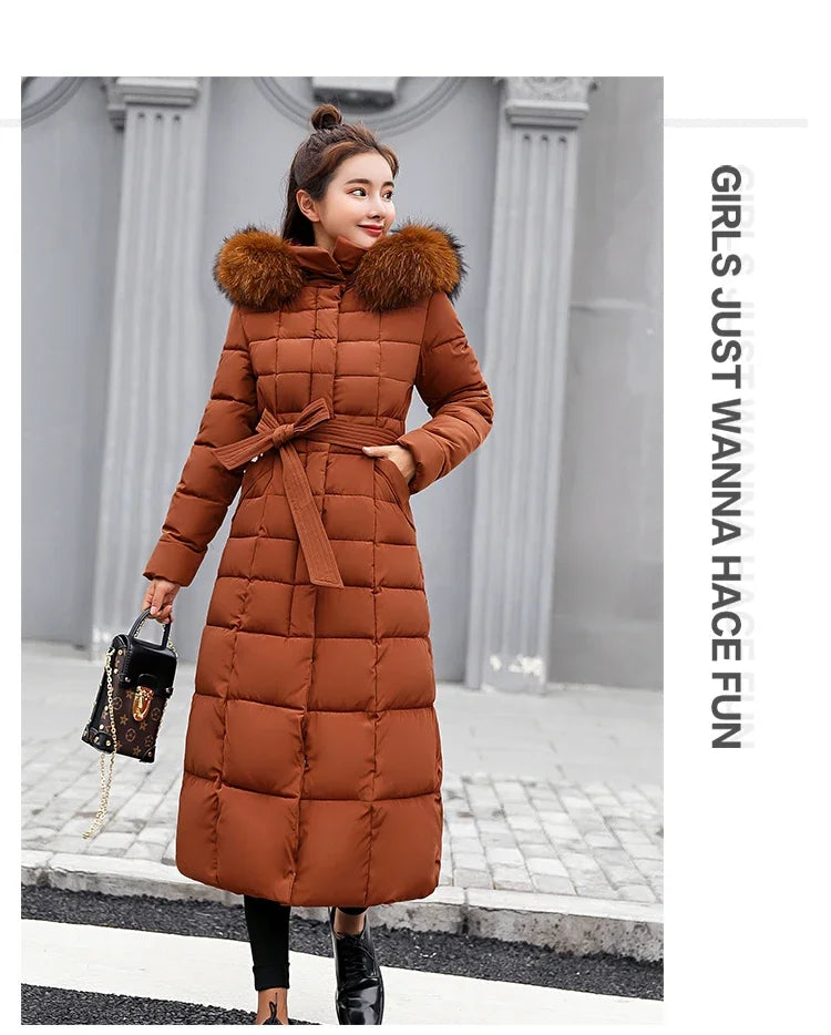 Long Down Cotton Parkas Coat Female New Winter Over Knee Loose Large Fur Collar Hooded Warm Thick Parkas Women  Padded Overcoat