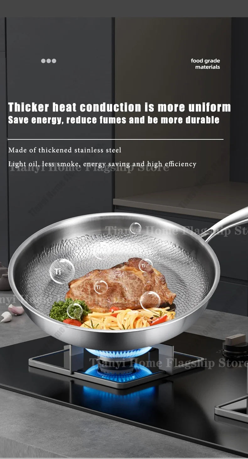 22/24/26/28/30cm Titanium Stainless Steel Frying Pan Non-stick Wok Home Egg Steak Skillet Induction Gas Stove Kitchen Cookware