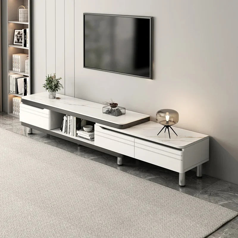 Modern LED TV Stand for Televisions Up Coffee Table Glass Shelves and Drawer Gaming Entertainment Center with Multiple Cabinet