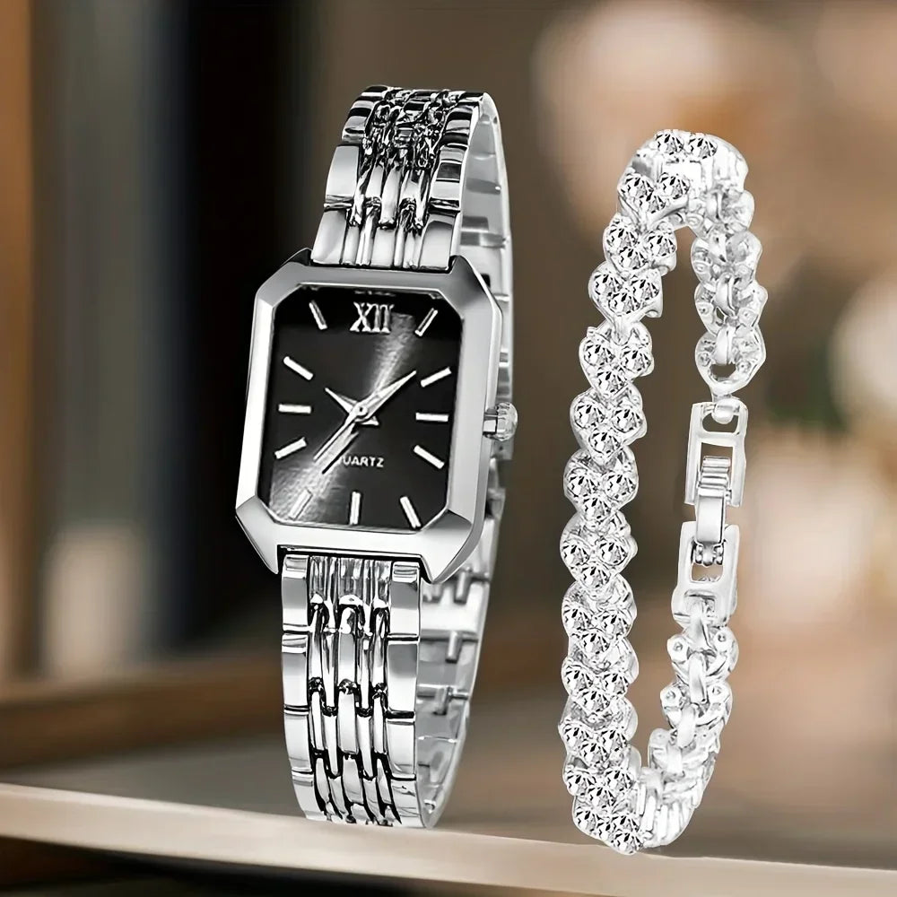 2PCS Fashion Rectangle Women Quartz Watch Rhinestone Bracelet Set Roma Dial Ladies Wristwatches Girls Clock Reloj Mujer