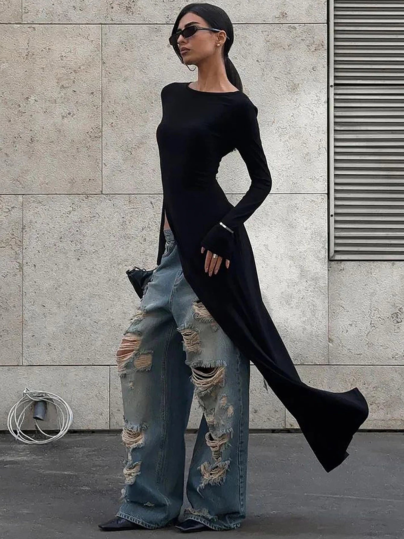 Dulzura Long Sleeves Side High Slit Maxi Dress Solid Sexy Long Dress Women’S Party Club Streetwear Autumn Winter Outfit