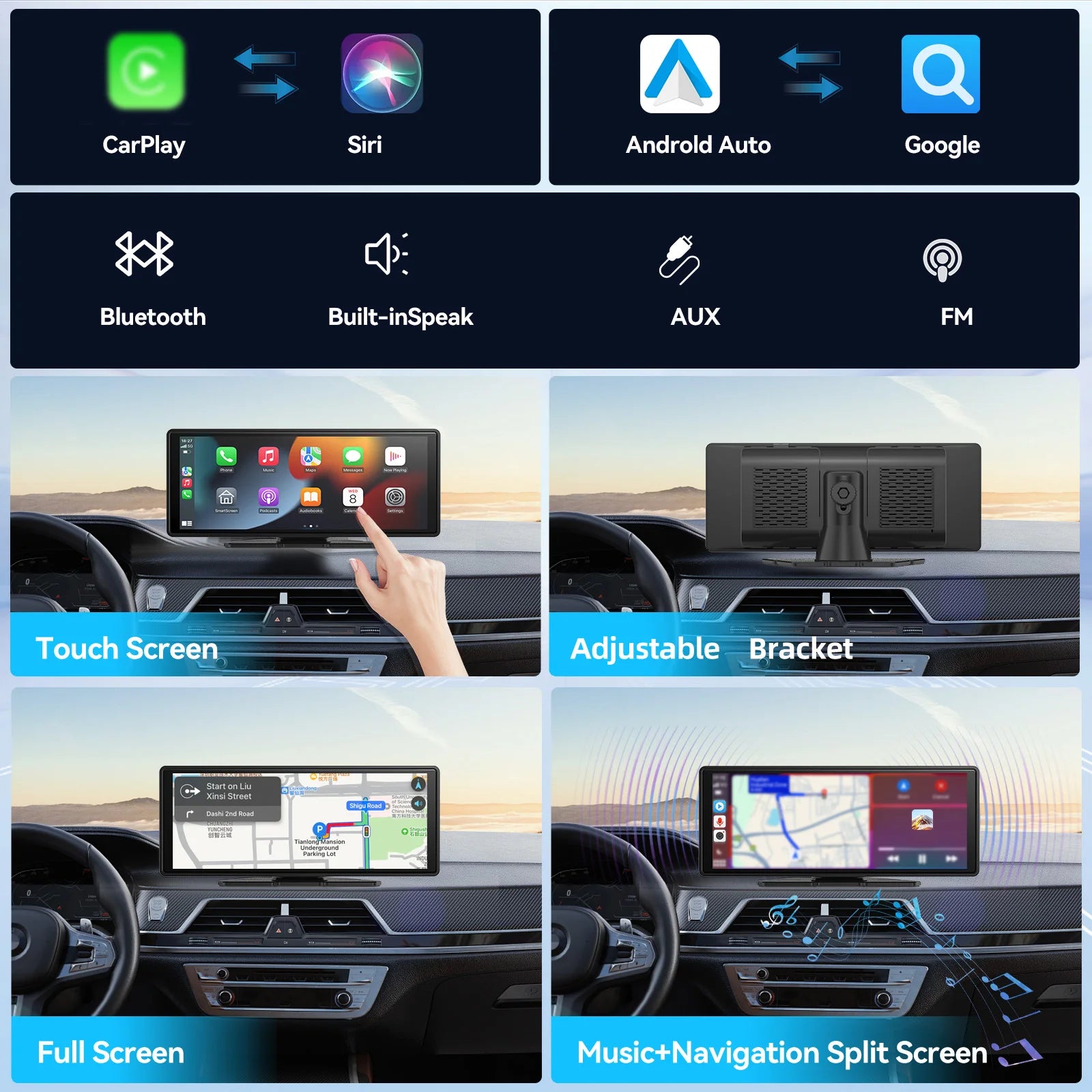 Universal Portable Wireless Carplay Screen for Car with Android Auto Touchscreen Car Stereo System