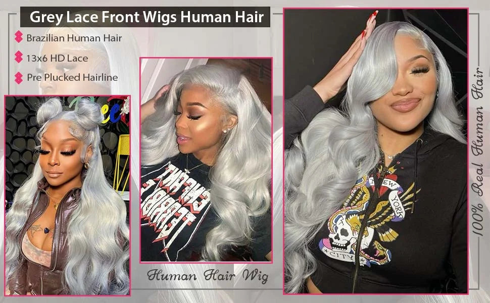 Silver Grey Brazilian Human Hair Wig 13X6 HD Transparent Lace Front Pre Plucked 28 32 Inch 200% Density Body Wave Wigs For Women