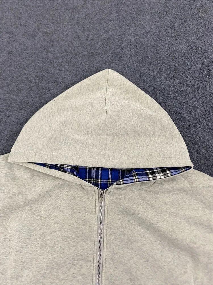Winter Casual Plaid Print Hoodie Women's Warm Zip-Up Double-Sided Wear Sweatshirt Female Fashion Trendy Loose Hooded