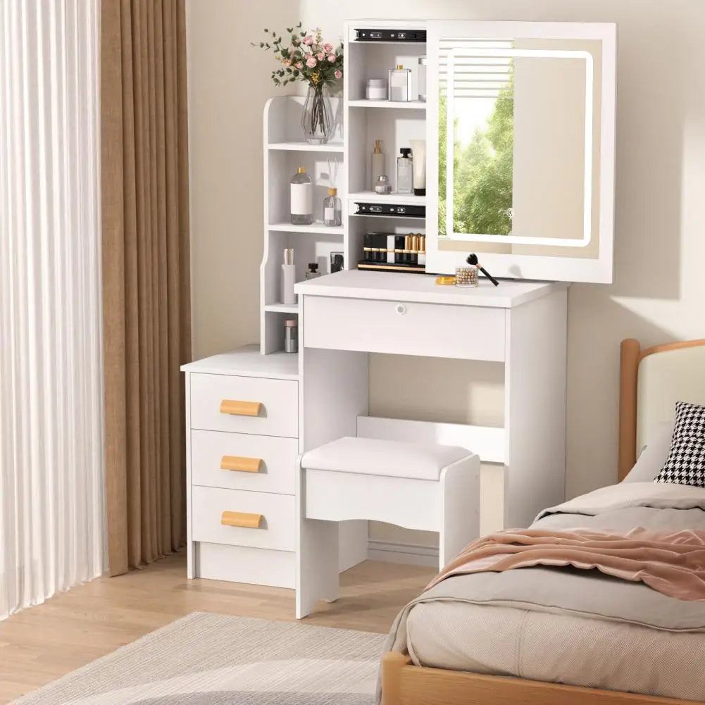 Bedroom Dressing Table Vanity Desk with Sliding Mirror and Lights Makeup Table with Hidden Storage Space