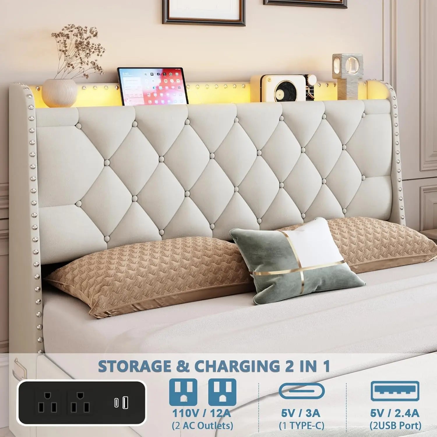 Queen Size Bed Frame with 4 Drawers & Storage Headboard, Upholstered Platform Bed with LED Lights & Charging Station, Beige