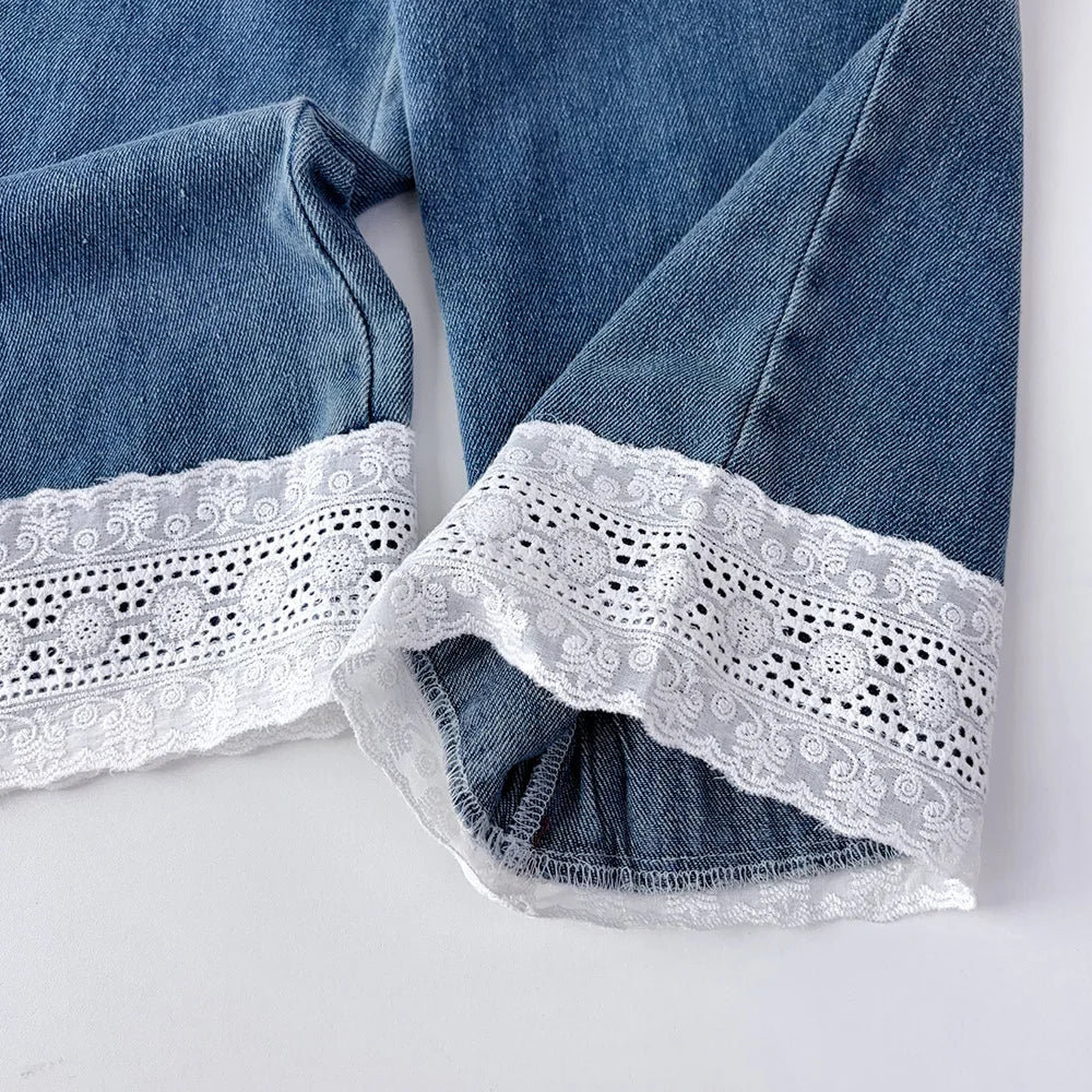 Bear Leader Summer New Blue Jeans 2-7-year-old Simple Kids Clothes Girls Korean Edition Fashion Lace Decoration Casual Pants