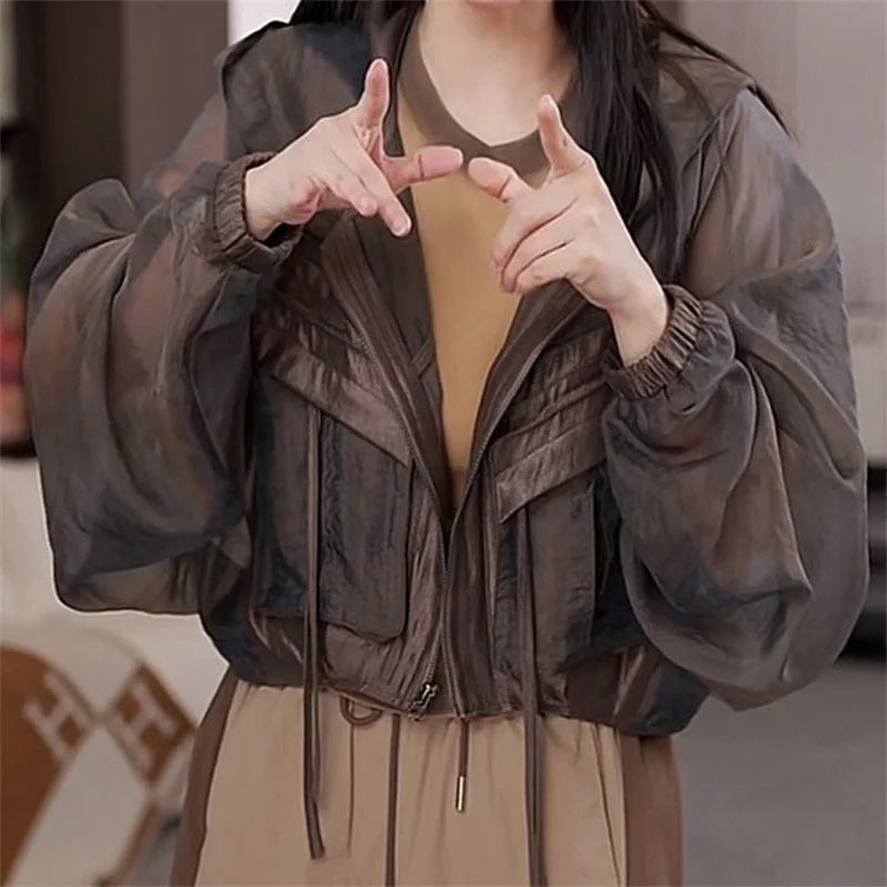 Design Pocket Sunscreen Jacket Women 2025 Summer Fashion Breathable Sun Protection Coat Loose Large Size Hooded Short Jacket
