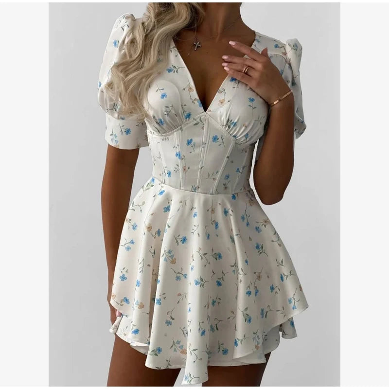 Women Floral Print Mini Dress V-neck Balloon Sleeve Keyhole Detail Tiered Ruffle Hem Dresses 2026 New Summer Holiday Party Gowns