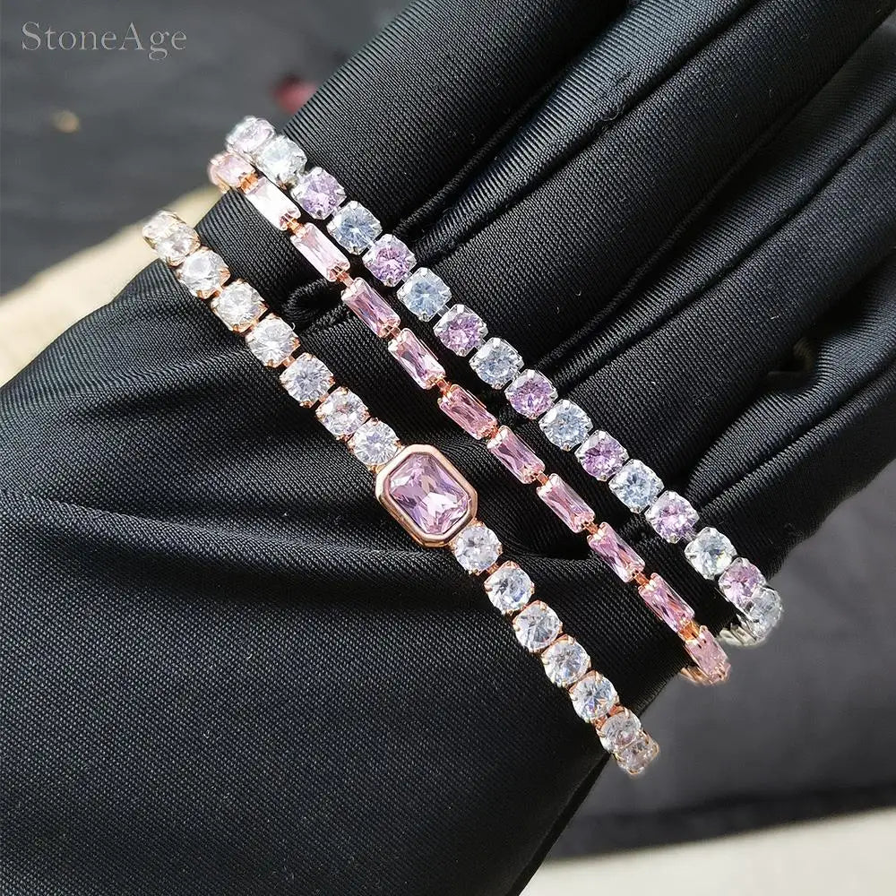 Pink Crystal Tennis Bracelets for Women Female Trend Romantic Shiny Zirconia Adjustable Folding Buckle Chain on Hand Jewelry