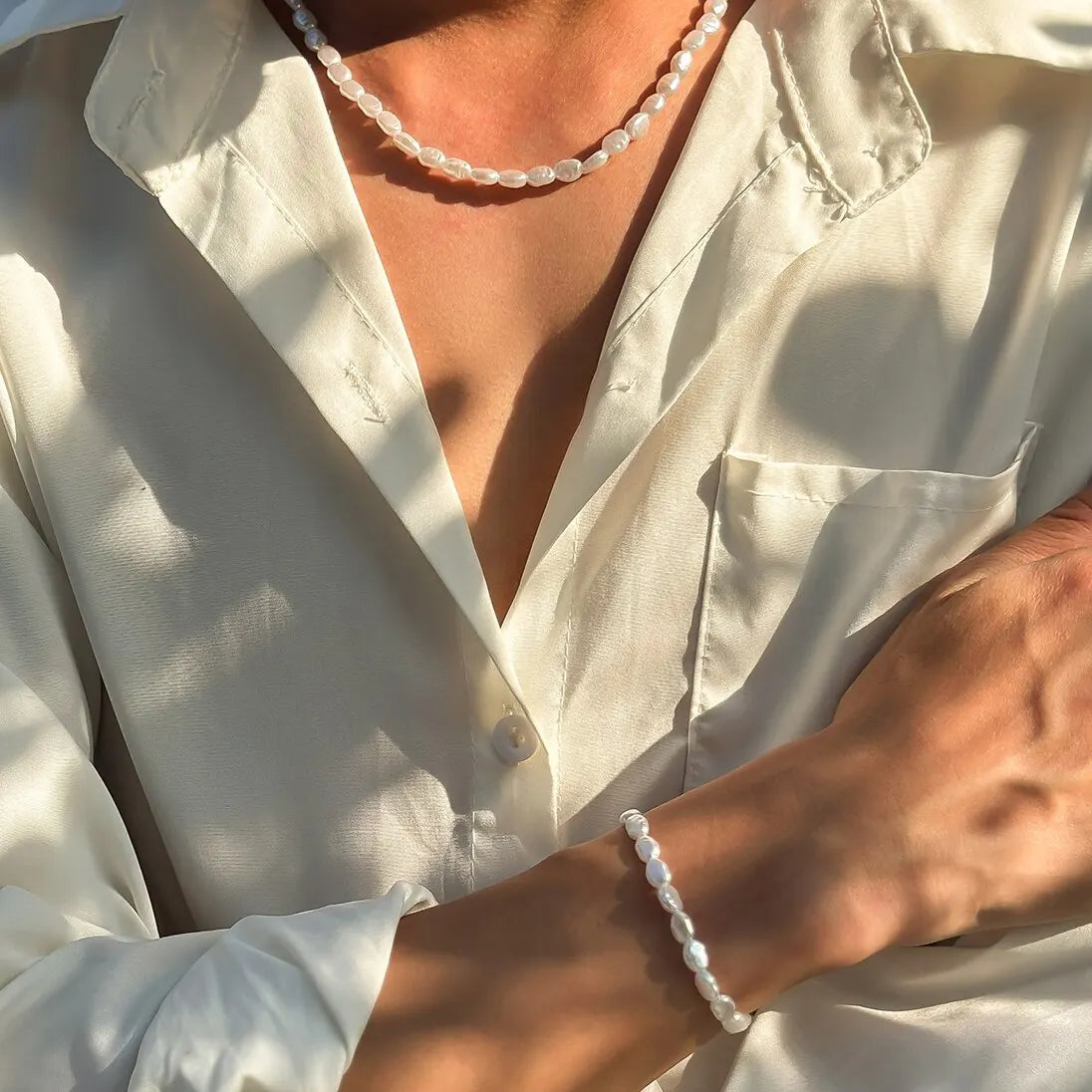 Boho Handmade Imitation-Pearl Chain Necklace Bracelet for Men Trendy Vintage Clavicle Chain on Neck Jewelry Set New Steampunk