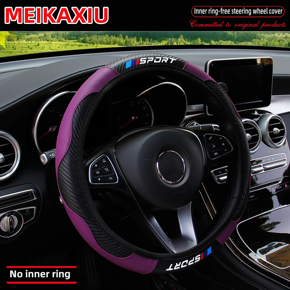 Carbon Fiber Leather Sport Steering Wheel Cover Rimless Universal Fit for 14.5-15 Inch Car Steering Wheels Decorative Accessory