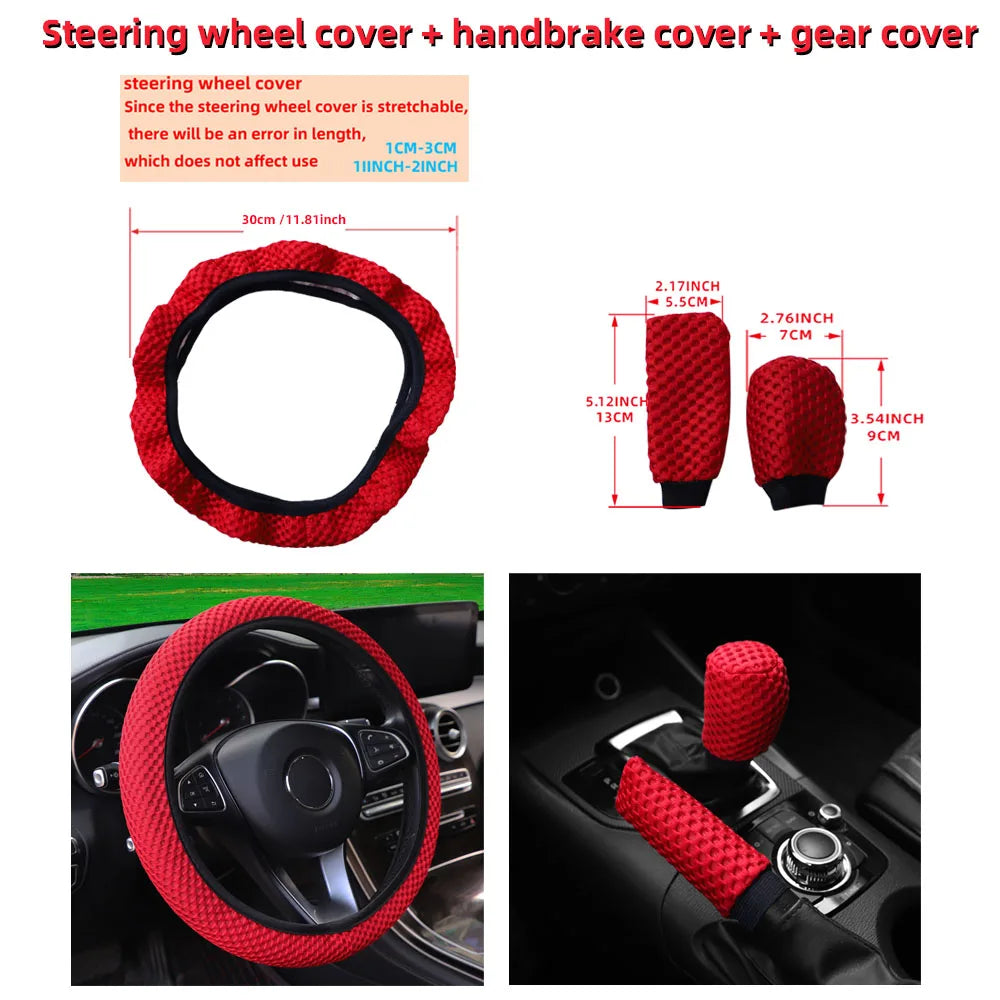 3 Car Massage Mesh Cloth Steering Wheel Cover Handbrake & Handle Cover Set Breathable No Inner Ring for 14.5-15 Inch Accessories
