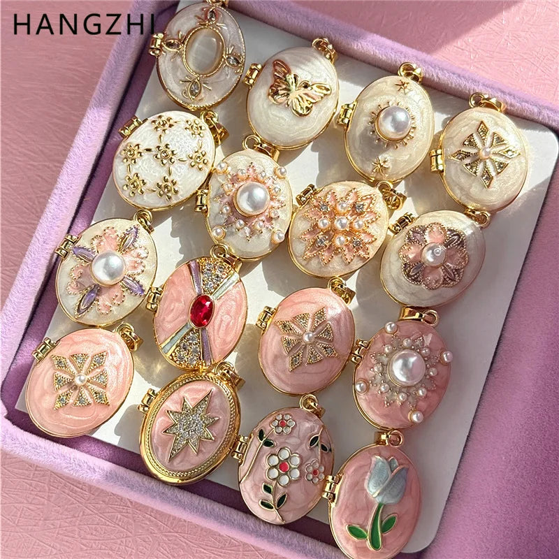 HangZhi Enamel Romantic Pink White Pearl Flower Oval Photo Frame Locket Necklace Vintage Keepsake Jewelry Gift for Women