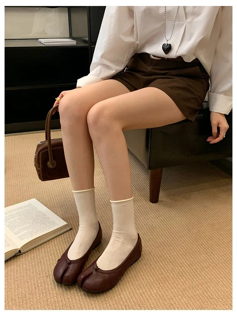 Spring Split Toe Women Ballet Flats Fashion Tabi Shoes Causal Slip On Loafer Ladies Pleated Leather Espadrilles Zapatillas Mujer