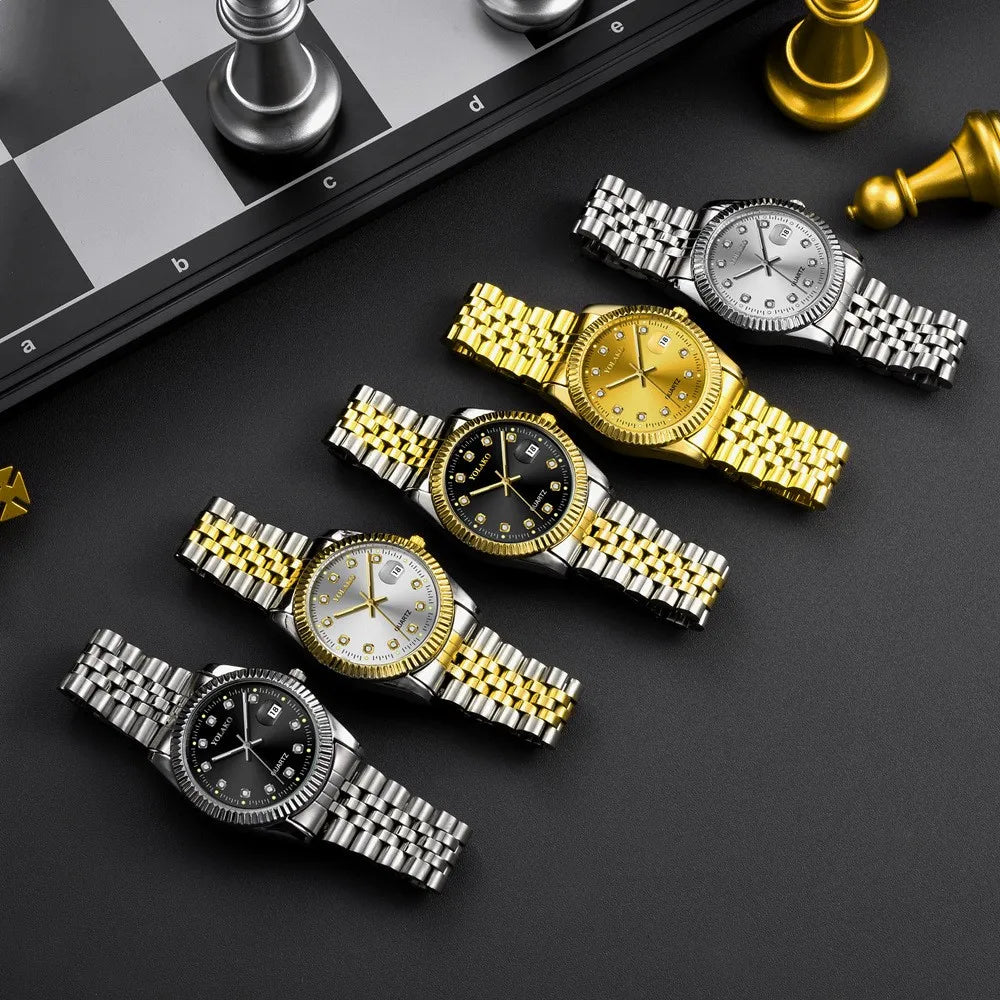 Watches for Women Simple Casual Student Fashion Quartz Diamond-Encrusted Steel Band Calendar Gold Set Men's Watch Couple