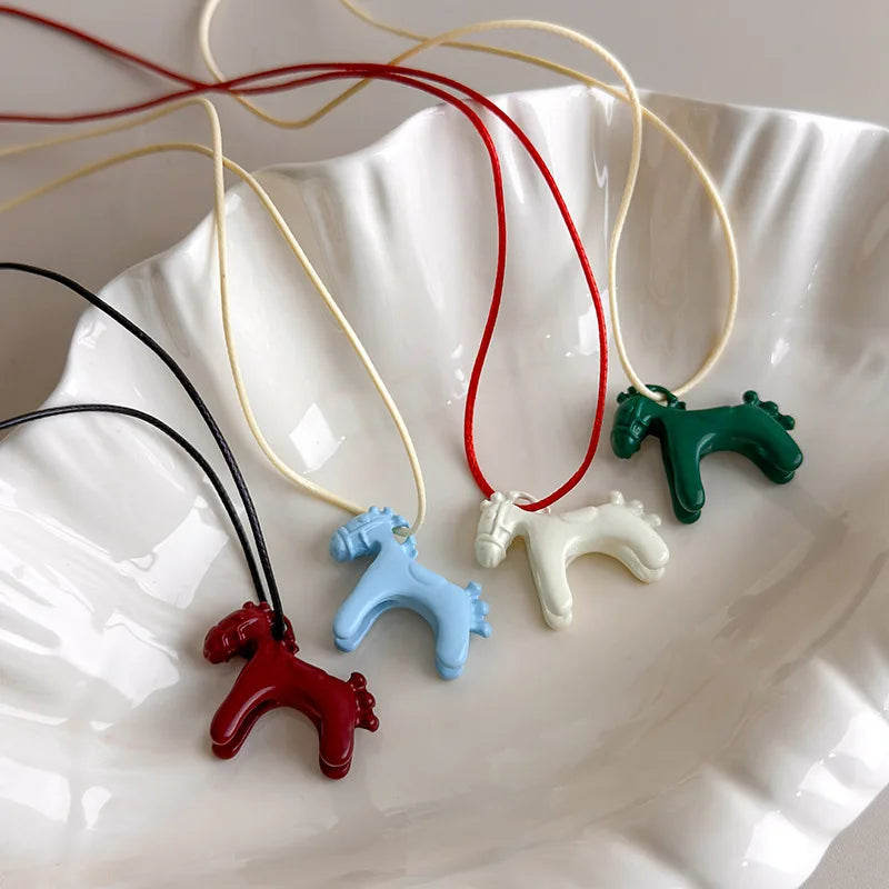 LATS Fashion Colorful Horse Pendant Long Necklace for Women Adjustable Sweater Chain Necklaces Jewelry Gifts Accessories