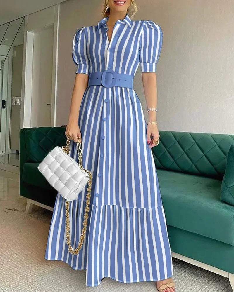 High Waist Temperament Solid Color Mid Length Skirt robe Slim Fit Bubble Sleeve Dress With Belt Robe 2024 Spring Womem Clothing