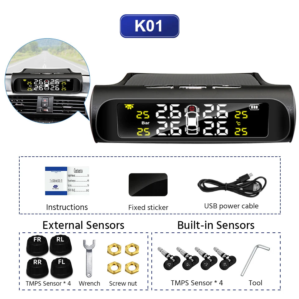 E-ACE K01 TPMS solar sensor intelligence  Wireless Tire Pressure Monitoring System  Auto Security Alarm Device With 4 sensors