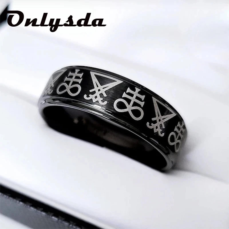 Vintage Gothic Lucifer Seal of Satan Signet Rings Punk Stainless Steel Seal Rings With Black Stone Pagan Jewelry Party Man Gift