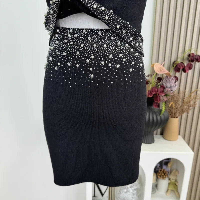 Womem Nail Bead Top + Short Skirt Two Piece Outfit Ensemble Femme High Quality French Luxury Diamonds Knitted 2 Piece Set