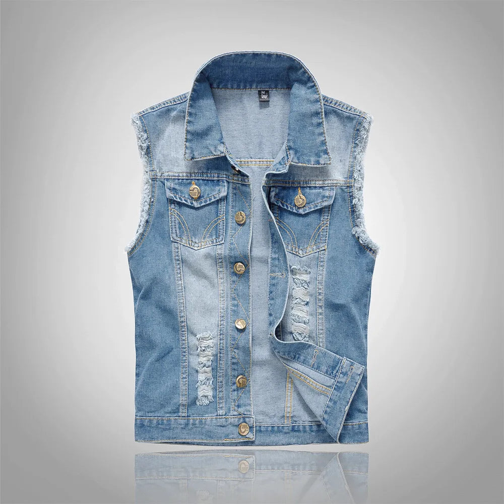 Men Denim Vests Jackets Waistcoats Light Blue Ripped Denim Coats Vests New Fashion Male Cotton Slim Black Jeans Waistcoats 6XL