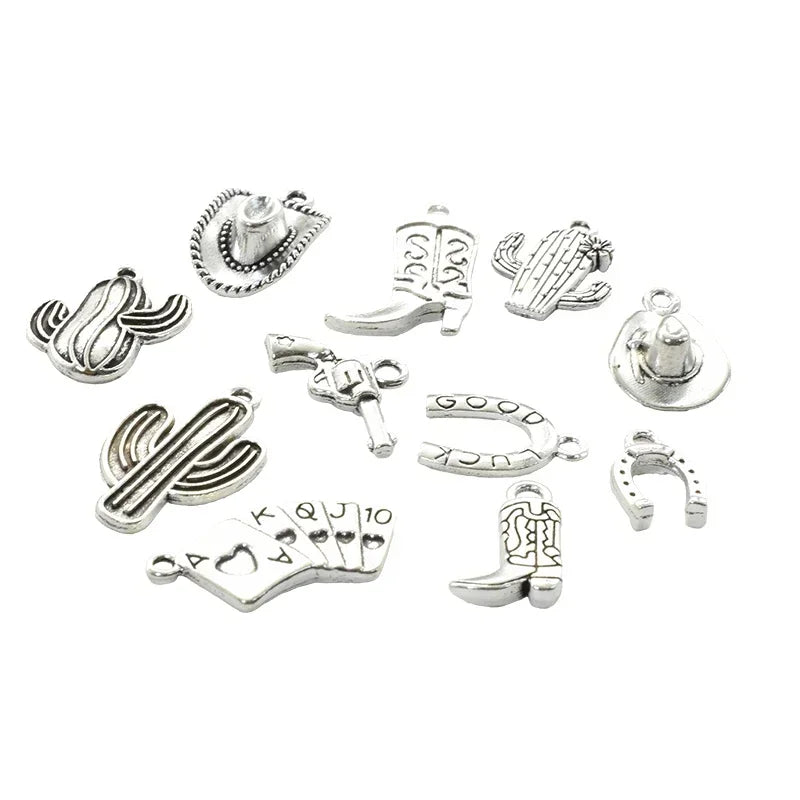 11pcs Mixed Antique Silver Western Cowboy Charms Alloy Boot Gun Hat Pendants For DIY Bracelet Earrings Necklace Jewelry Making
