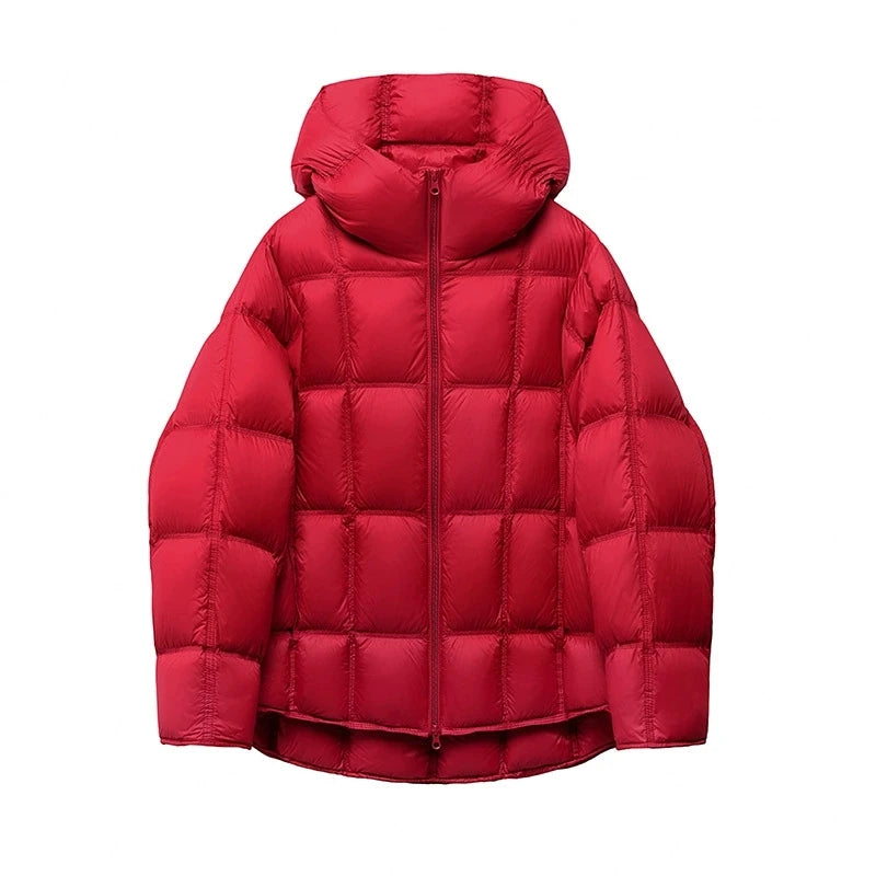 Schinteon Women Light White Down Jacket with Hood Loose Over Size Casual Autumn Winter Outwear Square Warm Short Coat 2026 New