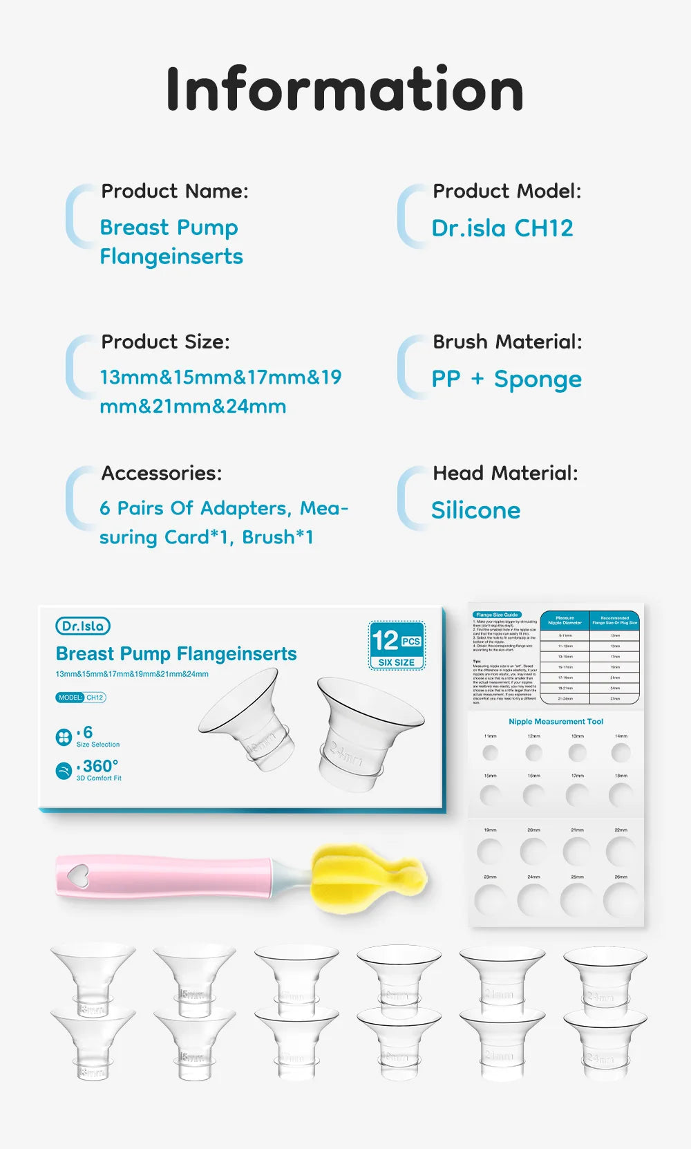 MAMIJOY Silicone Flange Inserts for Breast Pumps Electric Breast Pumps Nipple Tunnel Narrow Connector 13/15/17/19/21/24mm Flange