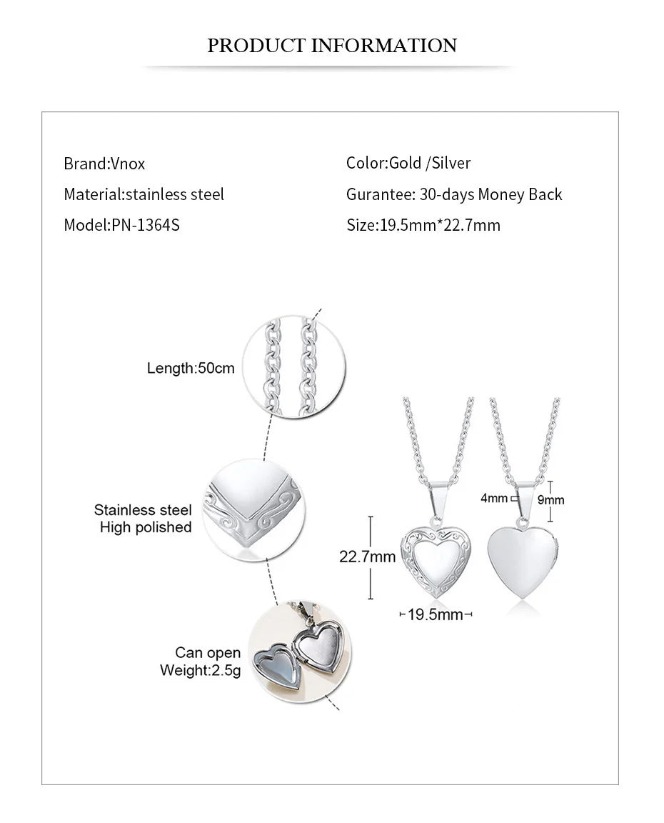 Vnox Customize Picture Name Women Necklaces Heart Locket Pendant Family Image Personalized Anniversary Gift