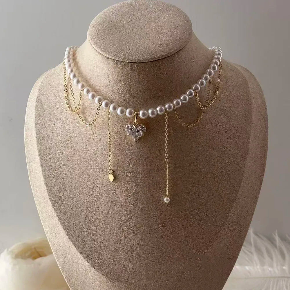 Fashion Tassel Chain Pendant Necklace For Women Boho Transparent Crystal & Imitation Pearl Chain Jewelry Valentine's Gift N0538
