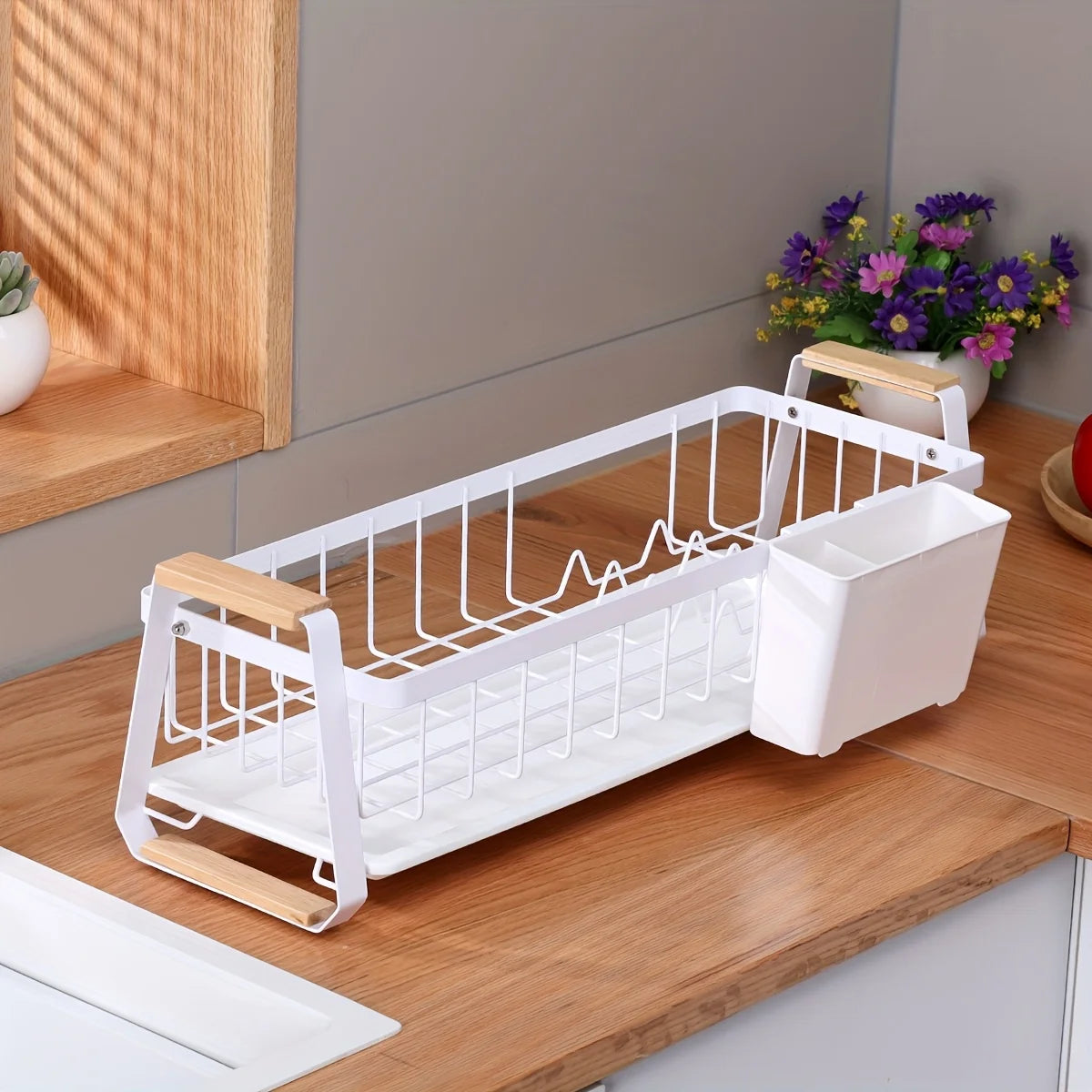 Kitchen Counter Dish Rack, Dish Drainer, Dish Drying Rack with Drainboard And Detachable Utensil Holder, Narrow Design, for Kitc