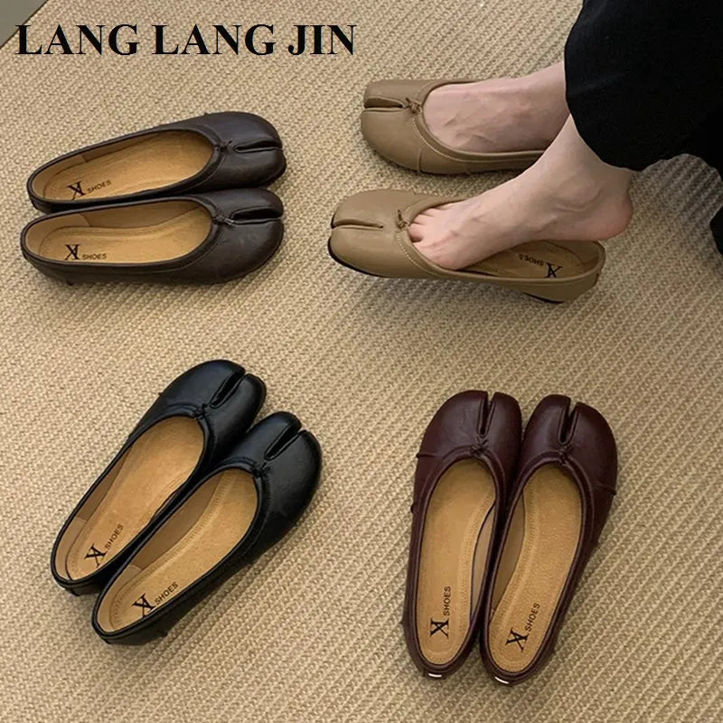 Spring Split Toe Women Ballet Flats Fashion Tabi Shoes Causal Slip On Loafer Ladies Pleated Leather Espadrilles Zapatillas Mujer