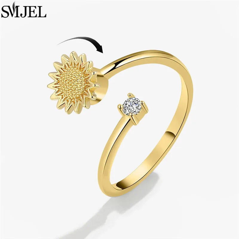 Ethnic Fashion Daisy Flower Anxiety Ring Adjustable Women Girls Worry Stress Relief Jewelry Spinning Fidget Rings Party Gifts