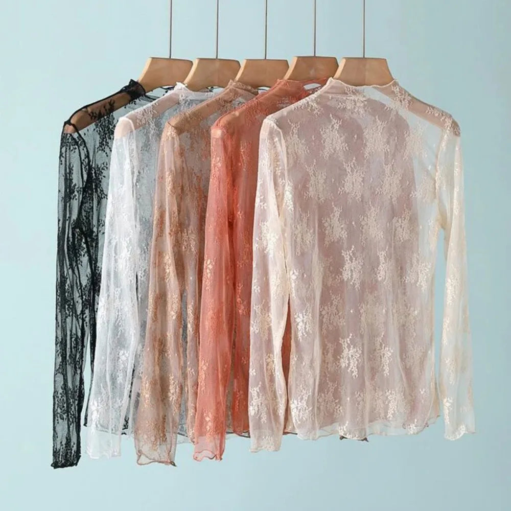 Women's Mesh T-Shirts Long Sleeve Transparent Lace Blouse Sheer See through Top Bottoming Shirt Crop Body Tee