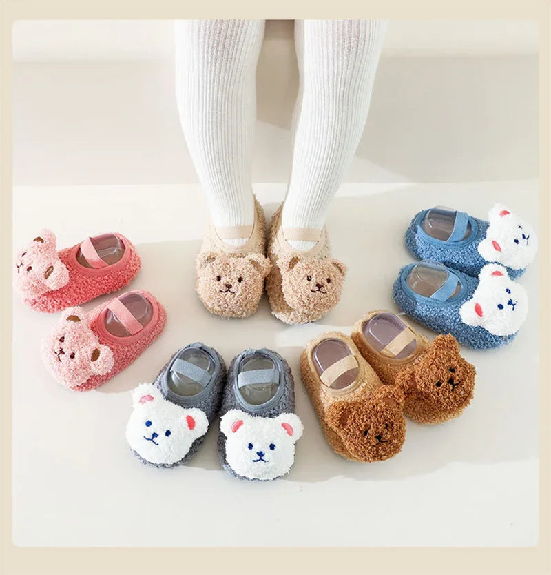 Cartoon Bear Baby Shoes Winter Thick Warm Newborn Shoes Non-slip Soled Soft Plush Toddler Kids Boy Girls Infant First Walkers