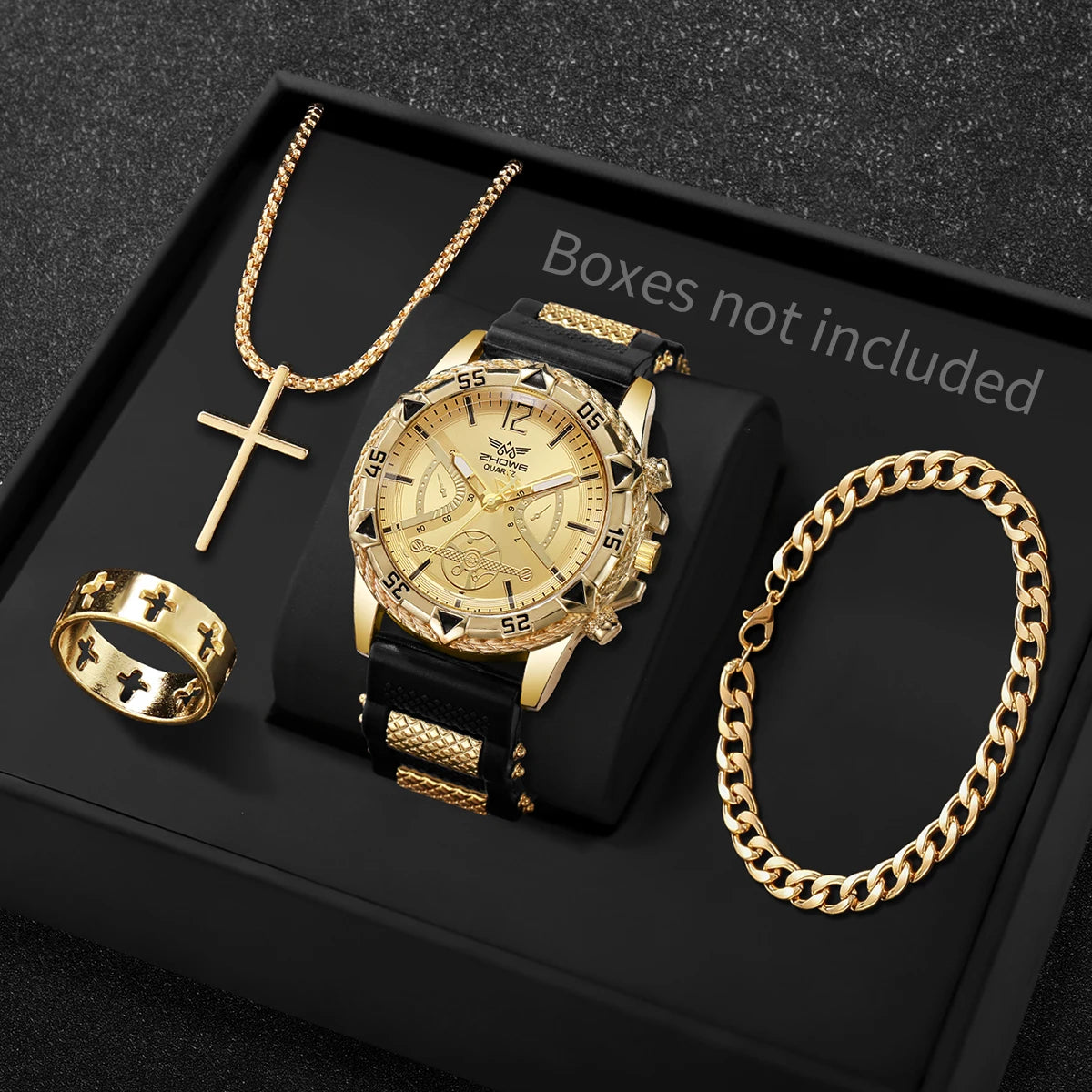 4PCS Fashion Arabic Dial Men Business Quartz Watch CasuSilicone Strap Wristwatch With Necklace Set Reloj Hombre (Without Box)