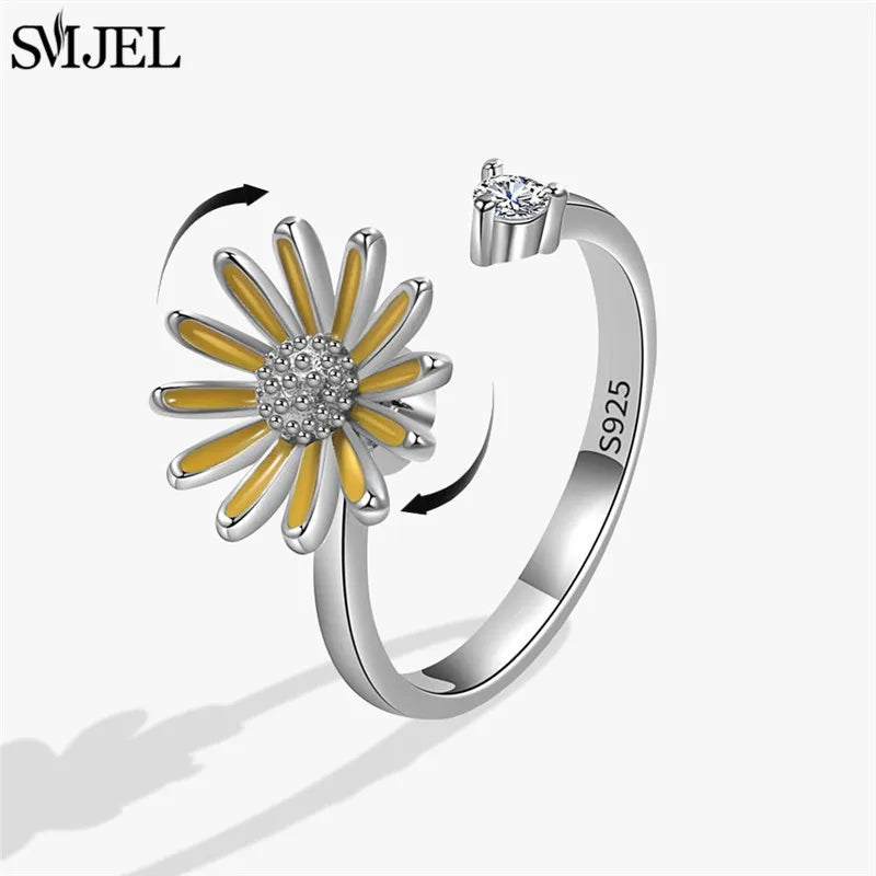 Ethnic Fashion Daisy Flower Anxiety Ring Adjustable Women Girls Worry Stress Relief Jewelry Spinning Fidget Rings Party Gifts