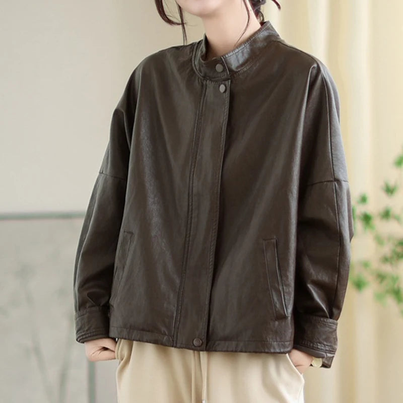 Masss Wasss 2025 Autumn Ladies Classic Fashion Oversized PU Jackets Womems Leisure Faux Leather Coats Loose Vintage Windbreakers