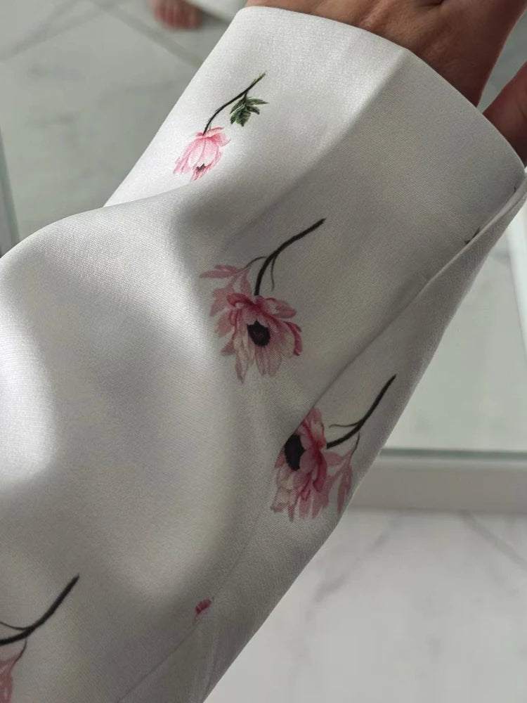FSMG New Fashion Flowers Print Loose Suit Collar Coat For Women Elegant Belted Waist Cinching Suit Jacket Female Street Chic Top