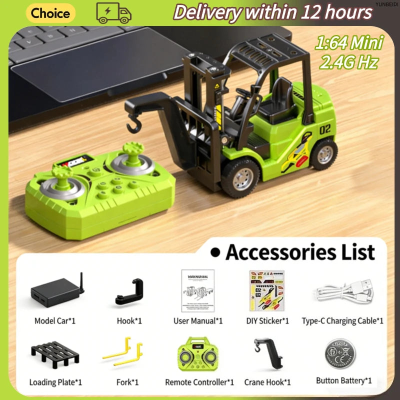 1:64 RC Mini Alloy Car Forklift with Trailer Excavator Desktop Game 2.4G Remote Control Engineering Lift Truck Child's Toy Gifts