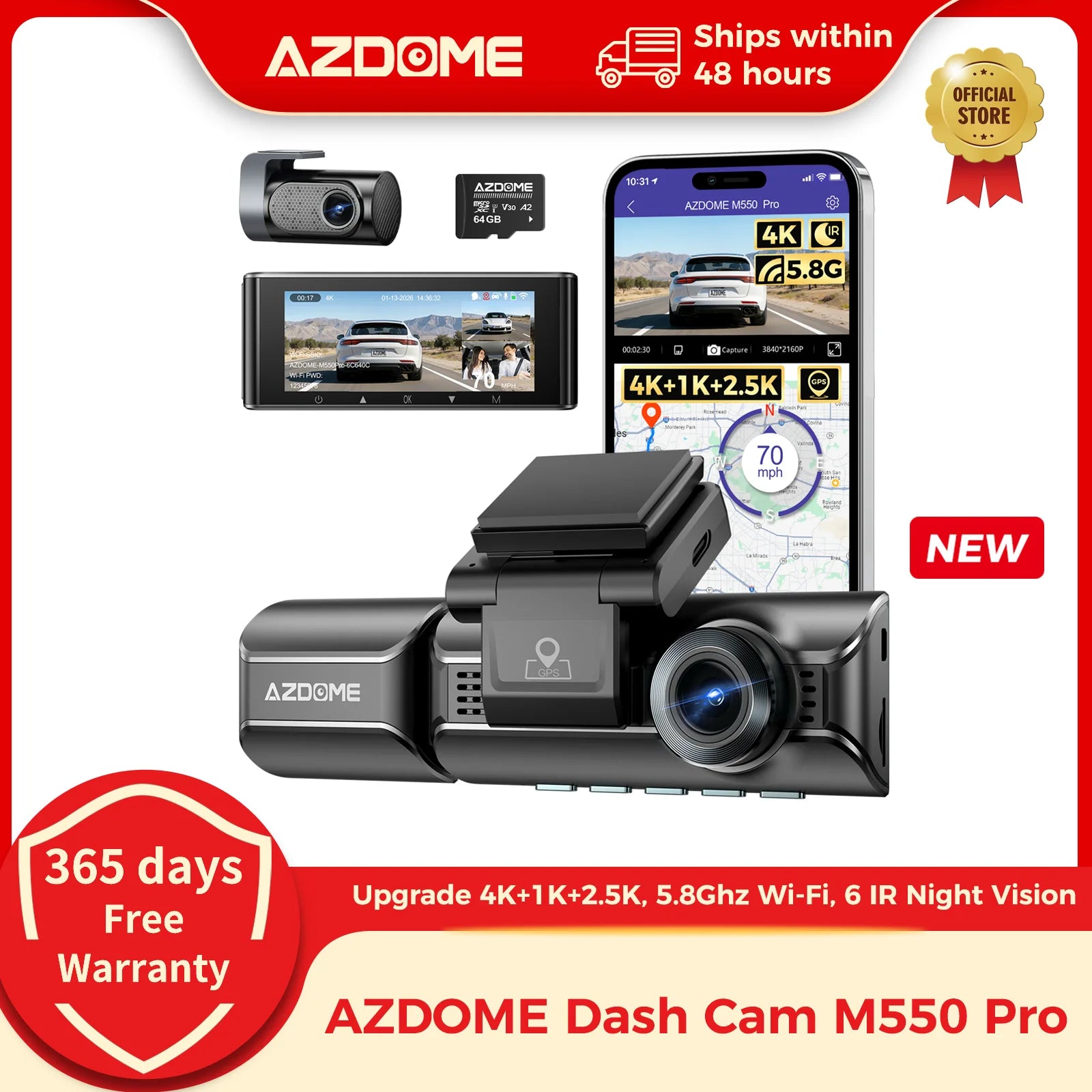 Upgrade AZDOME M550 Pro Dash Cam 4K Front Dashcam Auto 5.8Ghz Wi-Fi GPS G-sensor Car DVR 6 IR Night Vision Parking Monitor