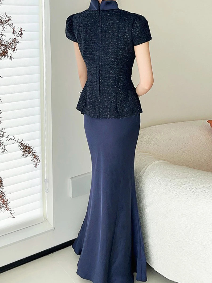 VGH Chic Two Piece Sets for Women Stand Collar Short Sleeves Spliced Pocket Tweed Top High Waist Maxi Skirts Vintage Suit Female