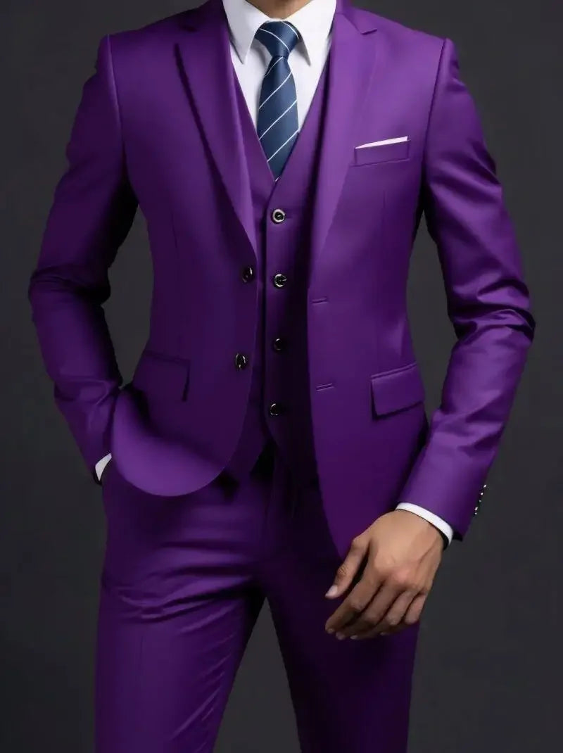 Suit (Blazer+ Vest + Trousers) Men's Fashionable Gentleman Business British Style Solid-color Banquet Host Casual Wedding Suit